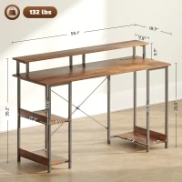 HOMCOM Computer Desk with Storage, 55" Reversible Computer Table with Power Outlets and LED Lights, Rustic Brown(m-3)