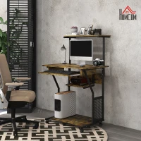 HOMCOM 32" Mobile Computer Table, Rolling Study Desk for Home Office with Keyboard Tray, Storage Shelves, Wheels, Rustic Brown(m-6)