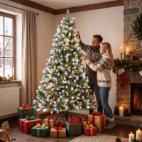 HOMCOM 7.5ft Pre-lit Artificial Christmas Tree White-Tipped Hinged Full Xmas Tree with 1378 Tips(m-8)