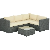 Outsunny 3 Pieces Rattan Wicker Outdoor Conversation Furniture Set w/ Loveseats Coffee Table Cushions for Garden, Patio, Beige(m-9)