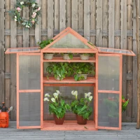Outsunny 32" x 19" x 54" Garden Wood Cold Frame Greenhouse Flower Planter with Adjustable Shelves, Double Doors, Orange(m-2)