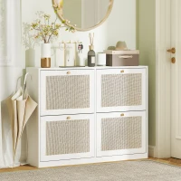 HOMCOM Narrow Shoe Storage Cabinet, Rattan Shoe Cabinet with 4 Flip Drawers and Adjustable Shelves for 20 Pairs, White(m-7)