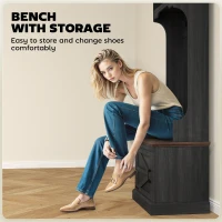 HOMCOM 3-in-1 Hall Tree with Shoe Storage, Coat Rack with Bench, Entryway Furniture with Five Hooks, Black Wood Grain(m-6)