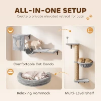 PawHut 3-In-1 Cat Wall Shelves with Condo, Bed, Hammock, Scratching Post and Spring Ball, Gray(m-4)