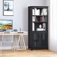 HOMCOM 71" Bookcase Storage Hutch Cabinet with Adjustable Shelves and Glass Doors for Home Office, Kitchen, Living Room, Black(m-2)