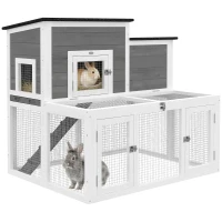 PawHut Wooden Rabbit Hutch, 2-Story Bunny Cage w/ Run, Waterproof & Openable Roof, Pull Out Tray and Ramp for 1-2 Rabbits(m-11)