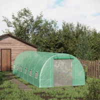 Outsunny 26' x 10' x 6.6' Walk-in Tunnel Hoop Greenhouse, PE Cover, Steel Frame, Roll-Up Zipper Door & 12 Mesh Windows for Flowers, Vegetables, Tropical Plants, Green(m-10)