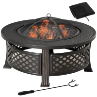 Outsunny 32" Outdoor Fire Pit Grill & Ice Bucket Table, Portable Steel Wood Burning Bowl, Cooking Grate, Poker, Rain Cover, Spark Screen Lid(m-1)