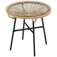 Outsunny Rattan Side Table, Round Outdoor Table, with Round PE Rattan and Tempered Glass Table Top for Patio, Garden, Beige(m-2)