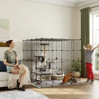 PawHut Detachable Metal Cat Cage with Platforms, Ramps, Accessories, for 1-3 Cats, 55", Black(m-10)