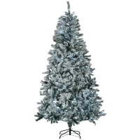 HOMCOM 7.5' Prelit Artificial Flocked Christmas Trees, with Snow Frosted Branches, Cold White LED Lights, Auto Open(m-1)