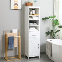 kleankin Tall Bathroom Storage Cabinet, Free Standing Bathroom Cabinet Slim Side Organizer w/ 3-Tier Open Shelf, Door, and Drawer, White(m-8)