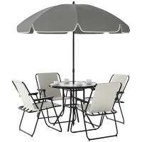 Outsunny 6 Pieces Patio Dining Set with Umbrella, Patio Furniture Set with Folding Chairs, Glass Table for Garden Backyard, Cream White(m-9)