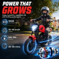 Qaba 24V Kids Electric Motorcycle with 180W Motor, 12" Rubber Tires, Up to 11MPH, Twist Throttle for Ages 6-12, Red(m-4)