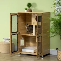 PawHut Cat House with Cat Tree Kitty Cage with Scratching Posts Condo Wheels Flap Door, Oak, 31.5" x 20" x 48.5"(m-2)
