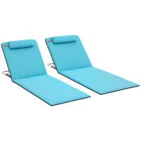 Outsunny 2 Pieces Beach Lounge Chair, Outdoor Folding Chaise Lounge Set w/ Pillow for Sunbath, Snap, Blue(m-9)