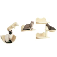 PawHut Cat Wall Shelves, with Hammock, Scratching Post, Steps, Platforms, Beige(m-1)