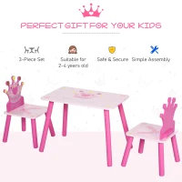 Qaba 3-Piece Kids Wooden Table and Chair Set with Crown Pattern Gift for Girls Toddlers Arts Reading Writing Age 2-4 Years Pink(m-6)