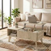 HOMCOM 40" Fluted Lift Top Coffee Table with Storage, Mid-Century Coffee Table with Hidden Compartment, Open Shelf, Oak(m-8)
