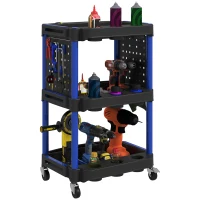 HOMCOM 3-Tier Rolling Tool Cart, 200 LBS Capacity Plastic Utility Cart with Side Shelves for Garage Workshop, Black & Dark Blue(m-11)