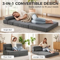 HOMCOM Floor Chair with Back Support Four-Fold Floor Gaming Chair Side Pockets Pillow Floor Seat Sofa Bed, Dark Grey(m-4)