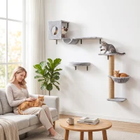 PawHut 3-In-1 Cat Wall Shelves with Condo, Bed, Hammock, Scratching Post and Spring Ball, Gray(m-2)