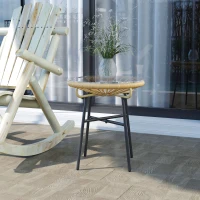 Outsunny Rattan Side Table, Round Outdoor Table, with Round PE Rattan and Tempered Glass Table Top for Patio, Garden, Beige(m-8)