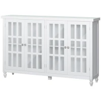 HOMCOM Sideboard, Buffet Cabinet with 4 Tempered Glass Doors, Stripe Pattern and Adjustable Storage Shelf, Credenza, White(m-11)