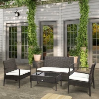 Outsunny Patio Furniture Set, 4 Piece Indoor Outdoor PE Wicker Conversation Set with Chairs, Loveseat Sofa, Cushions, Glass Table for Backyard, Sunroom, Pool, Garden, Brown(m-2)