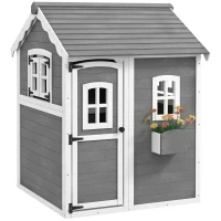 Outsunny Outdoor Wooden Playhouse for Kids with Floor, Door, Windows, Planter Box for 3-8 Years Old, Backyard, Lawn, Garden(m-11)