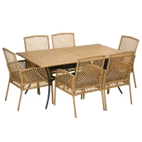 Outsunny 7 Pieces Outdoor Dining Set for 6, Wicker Rattan Patio Furniture Set, Patio Table and Chairs Set with Cushions, Plastic Wood Table Top, Conversation Set for Garden, Backyard, Deck, Tan(m-11)