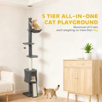 PawHut 87"-94.5" Floor to Ceiling Cat Tree with Sisal Scratching Post, Condo, Hammock, Ramp, Perches, Dark Grey(m-6)