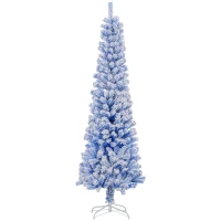 HOMCOM 6ft Flocked Christmas Tree, Pencil Christmas Tree with Realistic Branch Tips, Folding Metal Stand, Blue(m-9)