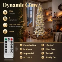 HOMCOM 7ft Prelit Flocked Christmas Tree, Artificial Pencil Hinged Xmas Tree w/ Slim Downswept Shape, 350 Warm White LED Lights, 8 Modes, Daily Timer, 800 Tips, Remote, Green White(m-5)