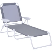 Outsunny Folding Lounge Chair, Portable Outdoor Chaise Lounge, Sun Tanning Chair with 4-Position Reclining Back, Armrests, Metal Frame and Mesh Fabric for Beach, Yard, Patio, Gray(m-1)