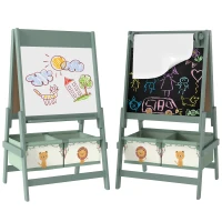Qaba Art Easel for Kids, Double-Sided Whiteboard & Chalkboard with Paper Roll, Storage Baskets for Toddlers Ages 3-8, Green(m-11)