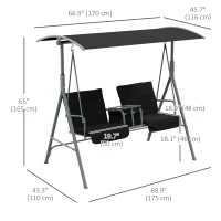 Outsunny 2-Seater Outdoor Porch Swing with Adjustable Canopy and Table, Patio Swing Chair for Garden, Poolside, Backyard, Black(m-3)