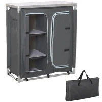Outsunny Aluminum Camping Table, Camping Kitchen Station Cook Cupborad with 3-Shelf, Storage Organiser for BBQ Party Picnic Grey(m-9)