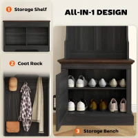 HOMCOM 3-in-1 Hall Tree with Shoe Storage, Coat Rack with Bench, Entryway Furniture with Five Hooks, Black Wood Grain(m-4)