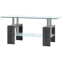 HOMCOM Rectangle Glass Coffee Table, 2-Tier Center Table with Tempered Glass Top and Storage Shelf for Living Room, Grey(m-11)