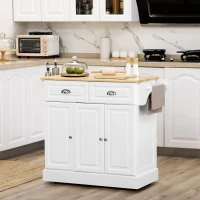 HOMCOM Kitchen Island With Storage Rolling Kitchen Serving Cart with Rubber Wood Top Towel Rack Storage Drawer Cabinet, White(m-1)