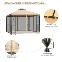 Outsunny 10x10ft Patio Gazebo, Outdoor Double Top Pavilion Canopy, Garden Event Party Tent Shelter, Yard Sun Shade Steel Frame w/ Mosquito Netting and Storage Tray(m-5)