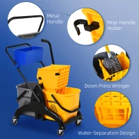 HOMCOM 2 x 6.9 Gallon Mop Water Bucket Wringer Cart with Easy to Use Side Press Wringer, Smooth Wheels, Mop-Handle Holder(m-6)