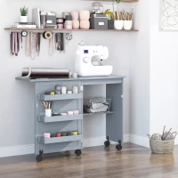 HOMCOM Folding Sewing Table, Rolling Utility Work Station Side Desk with 3-Tier Storage Bins, Shelf, and Lockable Casters, Grey(m-17)