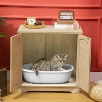 PawHut 3-in-1 Cat Litter Box Furniture Hidden, Cat Cabinet Bed, End Table with Rattan, Kitty Bed with Plush Foam Cushion, Modern Cat Bedding House with End Table Use, Oak(m-10)