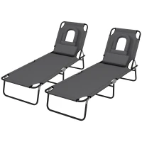 Outsunny Folding Lounge Chair Set of 2, Reclining Beach Tanning Chair with Face Hole, Pillow, 4-Position Adjustable Flat Sun Lounger, Steel Frame for Outdoor Patio Pool, Grey(m-2)