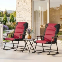 Outsunny 3pc Patio Foldable Rocking Chair Set, Outdoor Rocking Chairs and Table Bistro Set w/ Padded Seat, Headrest, Backrest for park, backyard, garden, Red(m-9)