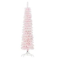 HOMCOM 5ft Snow-Flocked Artificial Christmas Tree, Slim Pencil Xmas Tree with 301 Realistic Branches, Metal Base, Pink(m-2)