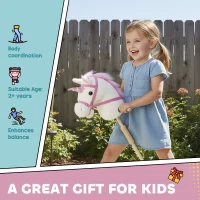 Qaba Unicorn Stick Horse, Plush Hobby Horse with Wood Wheels, Real Pony Neighing and Galloping Sounds, for Kids, White(m-7)