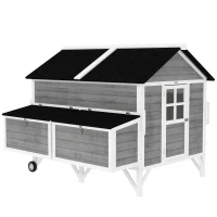 PawHut 59" Wooden Chicken Coop w/ Wheels, Handles, 2 Nesting Boxes, 2 Trays, 4 Perches, Chicken Tractor for 4-6 Chickens, Gray(m-1)